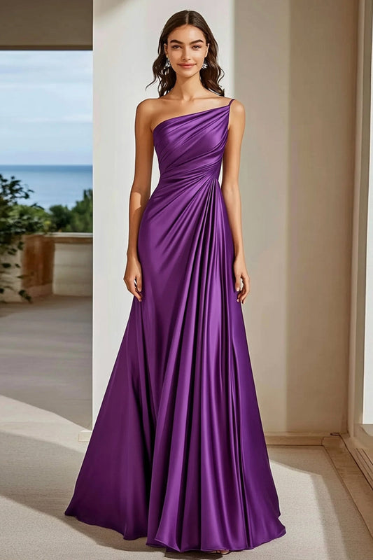 Plum Ruched One Shoulder Long Satin Formal Dress