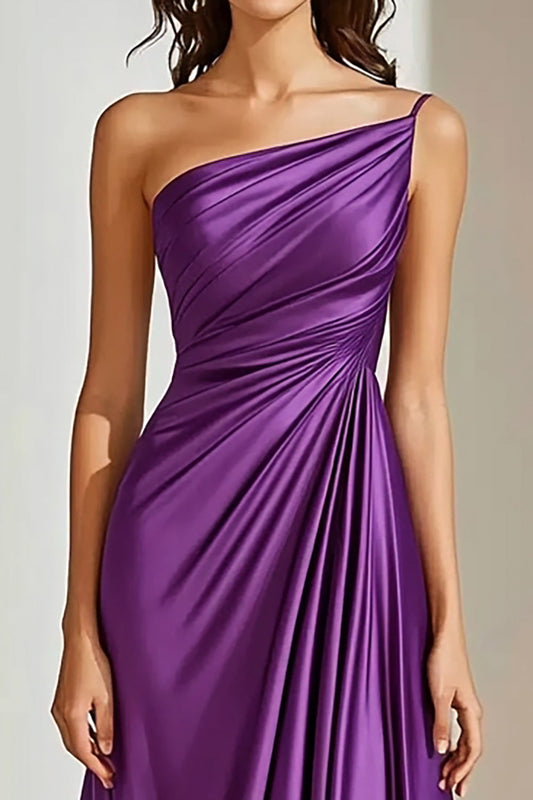 Plum Ruched One Shoulder Long Satin Formal Dress