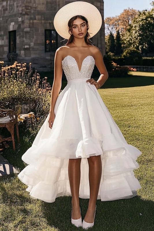 Sparkly White Strapless High-Low Engagement Dress with Ruffles