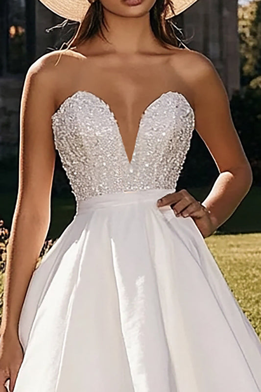 Sparkly White Strapless High-Low Engagement Dress with Ruffles