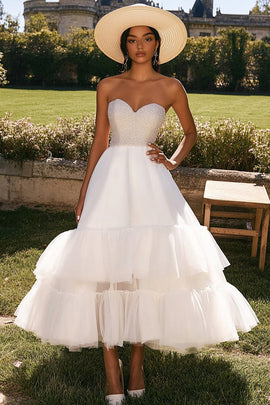 Sparkly White Tulle Long Engagement Dress with Beading
