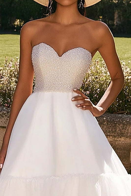 Sparkly White Tulle Long Engagement Dress with Beading
