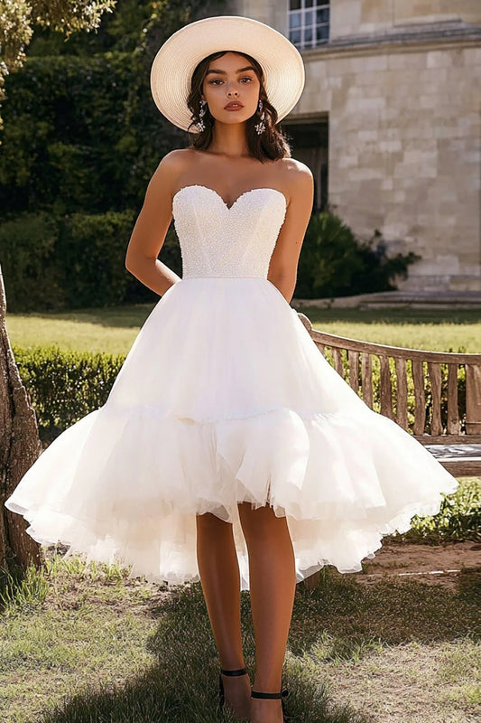 White Tulle Strapless A Line Engagement Dress with Ruffles