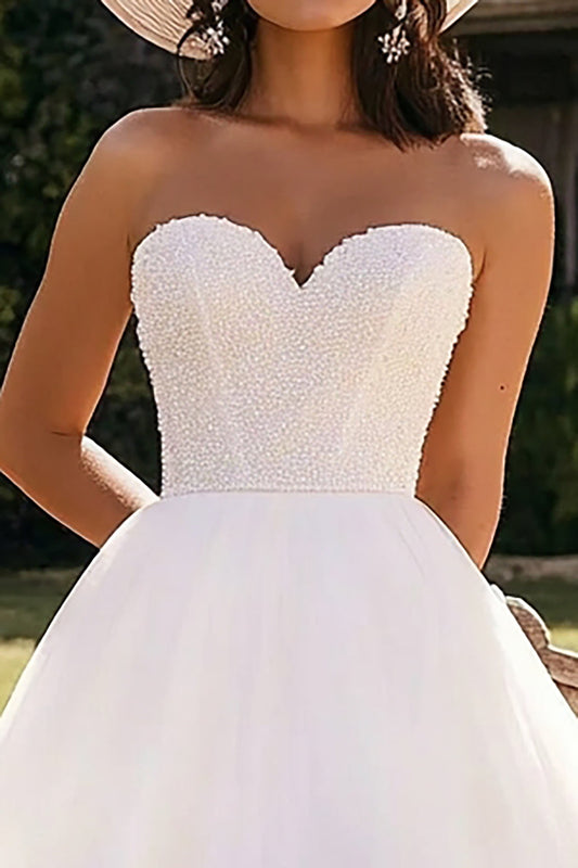 White Tulle Strapless A Line Engagement Dress with Ruffles