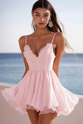 Pink Chiffon Corset Short V-Neck Graduation Dress with Ruffles