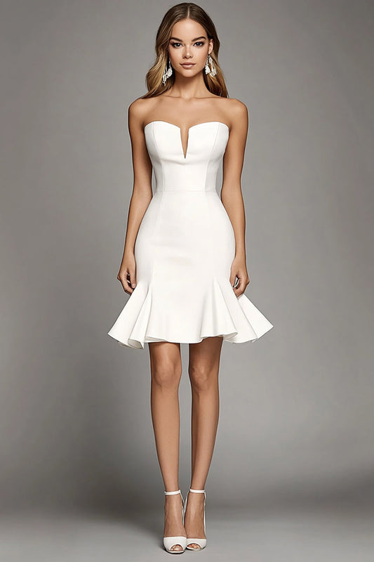 Ivory Strapless Bodycon Short Satin Work Dress with Ruffles