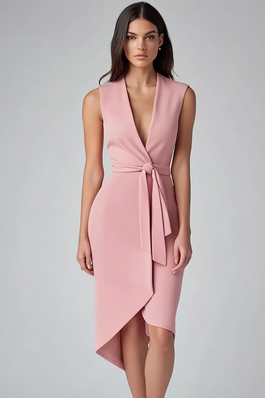 Simple Pink Deep V Neck Short Work Dress with Ruffles