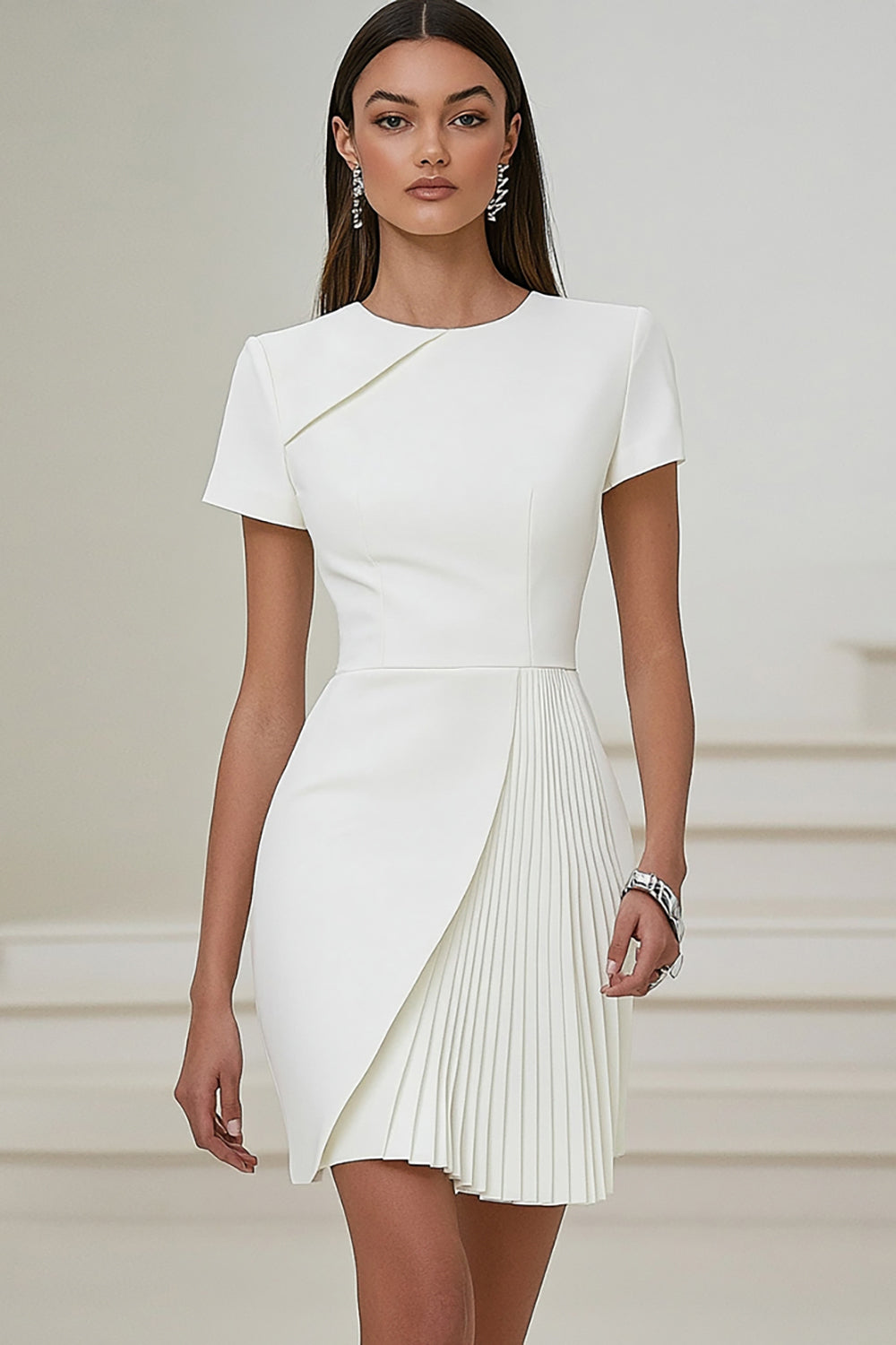 Zapakasa Women White Satin Bodycon Work Dress with Short Sleeves Round Neck Pleated Semi Formal Dress Zapakasa Women White Satin Bodycon Work Dress with Short Sleeves Round Neck Pleated Semi Formal Dress