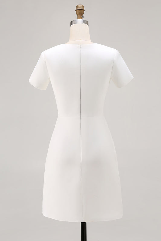 White Round Neck Satin Bodycon Short Sleeve Work Dress