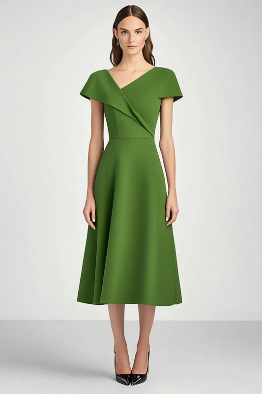 Green Satin A Line Asymmetrical Neck Midi Work Dress with Short Sleeves