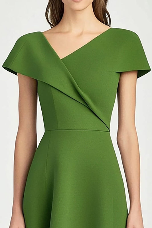 Green Satin A Line Asymmetrical Neck Midi Work Dress with Short Sleeves