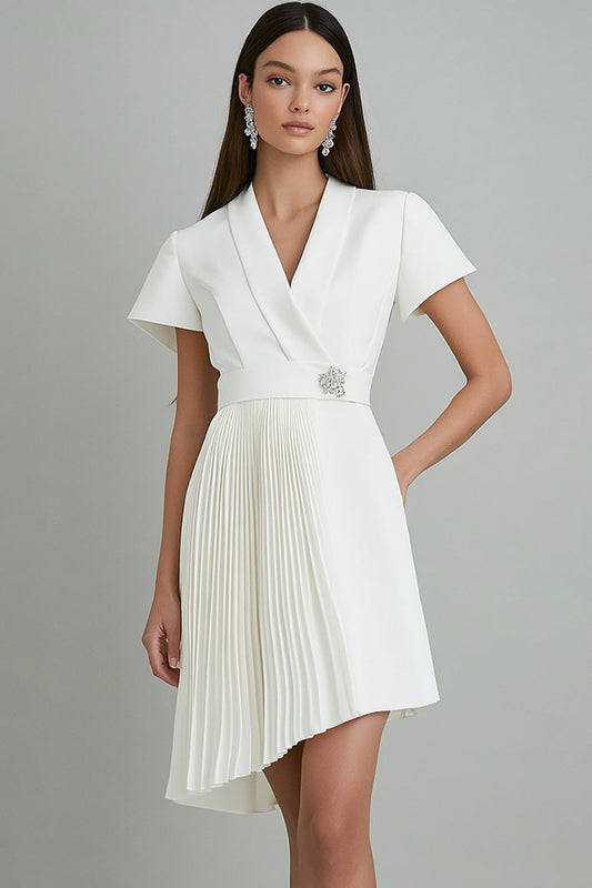 Ivory A Line Satin V Neck Pleated Short Work Blazer Dress with Sleeves