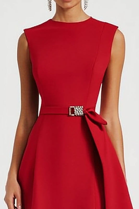 Red A Line Tie Front Asymmetrical Midi Work Dress with Ruffles