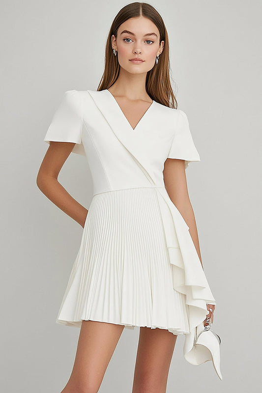 Ivory A Line Satin Ruffled Short Work Blazer Dress with Sleeves