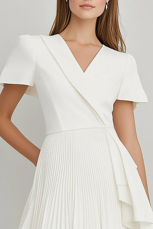 Ivory A Line Satin Ruffled Short Work Blazer Dress with Sleeves