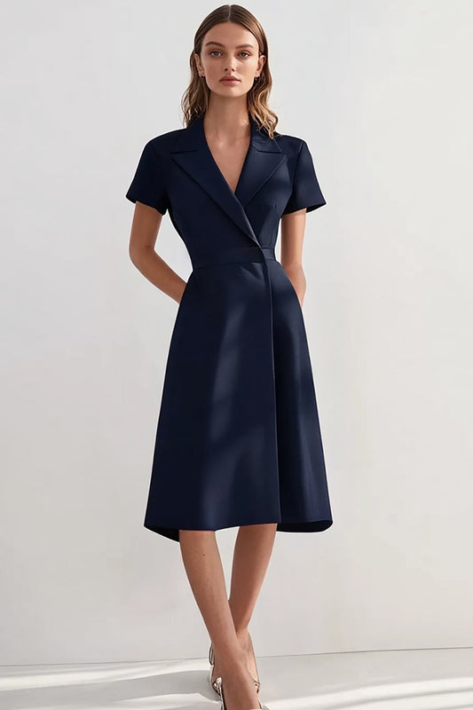 Navy Peak Lapel Midi A Line Work Blazer Dress with Sleeves