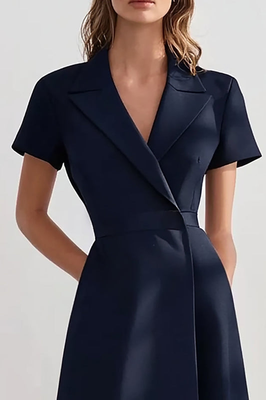 Navy Peak Lapel Midi A Line Work Blazer Dress with Sleeves