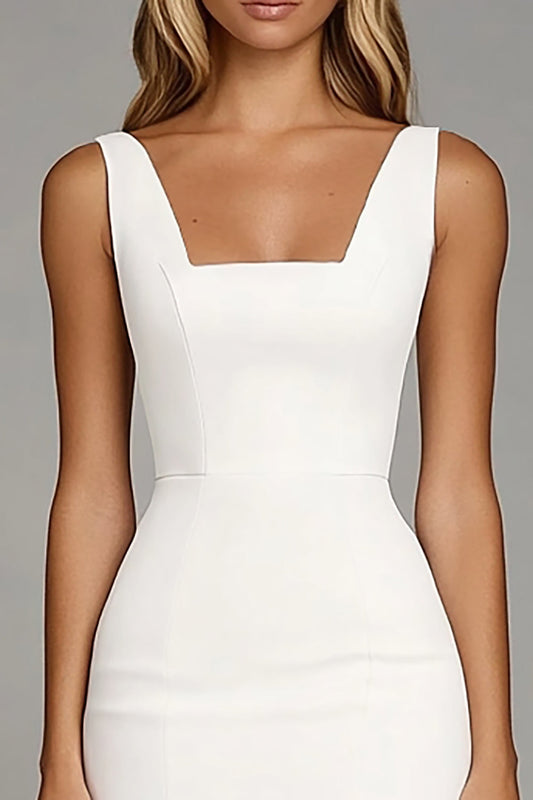 Ivory Bodycon Sqaure Neck Short Work Dress with Ruffles