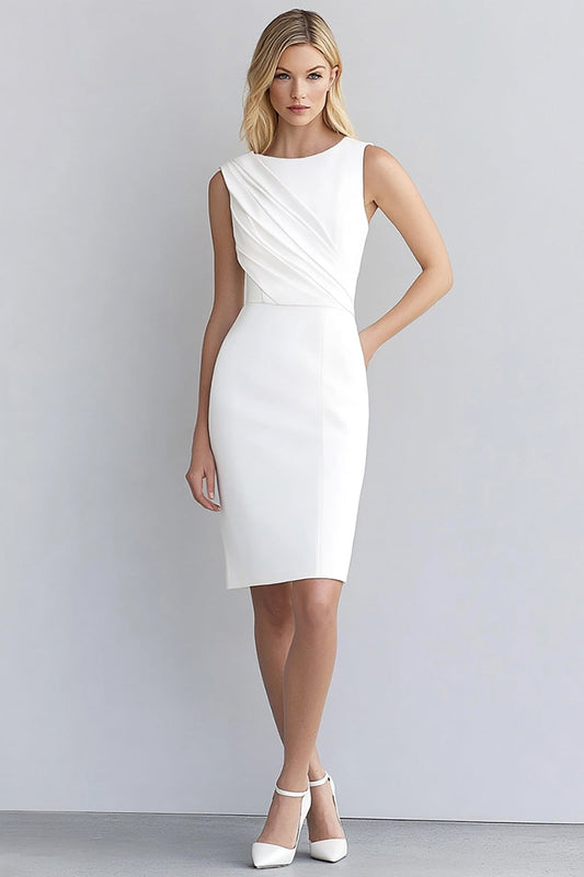 Ivory Bodycon Scoop Neck Sleeveless Ruched Short Work Dress