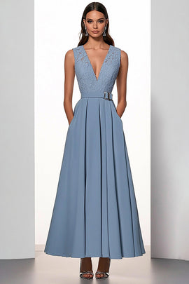 Grey Blue A Line Deep V-Neck Long Belted Work Dress with Pockets