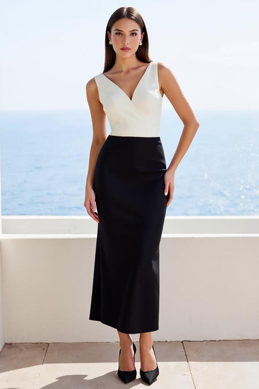 Black and White V-Neck Mermaid Satin Long Work Dress
