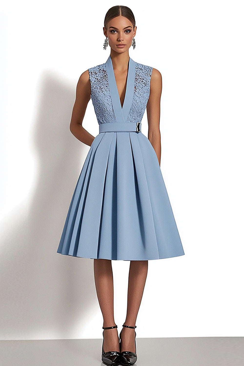 Zapakasa Women Grey Blue A Line Midi Belted Work Dress with Lace Deep V-Neck Sleeveless Semi Formal Dress Zapakasa Women Grey Blue A Line Midi Belted Work Dress with Lace Deep V-Neck Sleeveless Semi Formal Dress