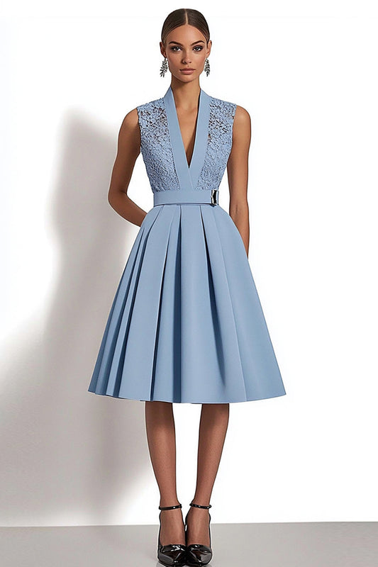 Grey Blue A Line Deep V-Neck Midi Work Dress with Belts