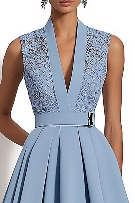 Grey Blue A Line Deep V-Neck Midi Work Dress with Belts