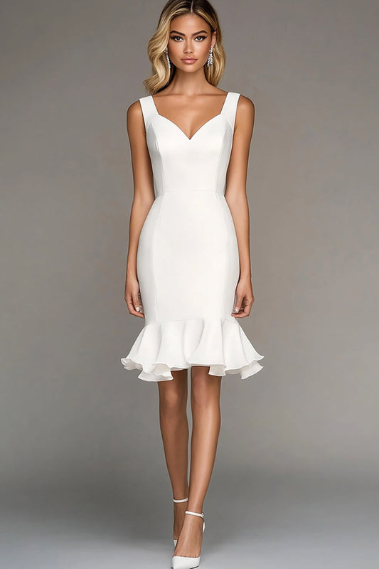 Ivory Bodycon Satin Midi Work Dress with Ruffles