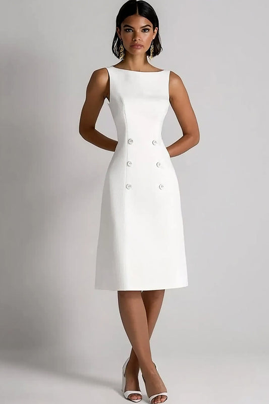 Ivory A Line Double Breasted Boat Neck Midi Work Dress