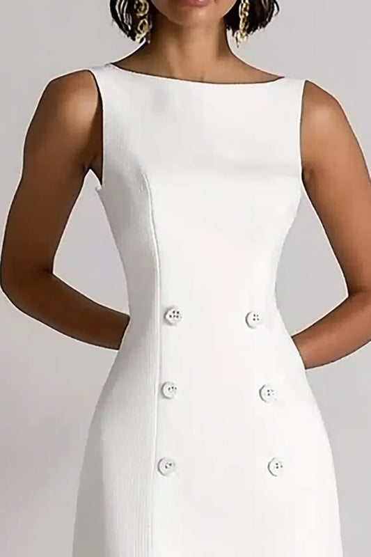 Ivory A Line Double Breasted Boat Neck Midi Work Dress