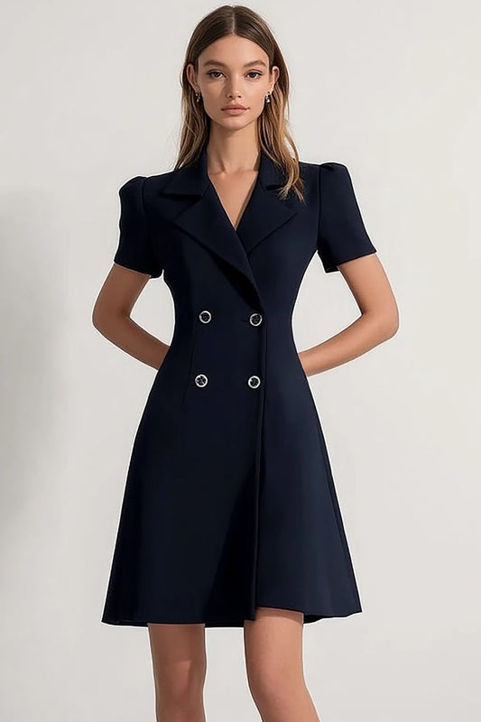 Navy A Line Notched Lapel Double Breasted Short Work Blazer Dress with Sleeves