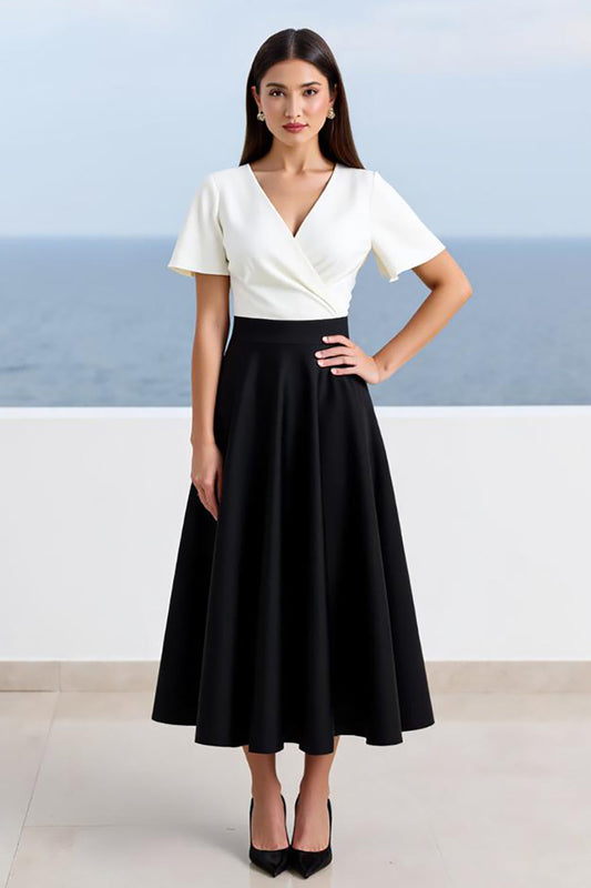 A Line Black White V-Neck Long Work Dress with Short Sleeves