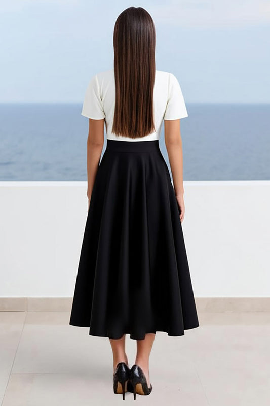 A Line Black White V-Neck Long Work Dress with Short Sleeves