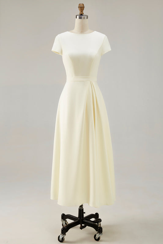 Daffodil Satin Bateau Neck A Line Midi Work Dress with Sleeves