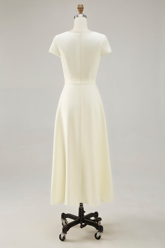 Daffodil Satin Bateau Neck A Line Midi Work Dress with Sleeves