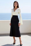 Black White V-Neck Long Sleeve Midi Work Dress with Long Sleeves Black White V-Neck Long Sleeve Midi Work Dress with Long Sleeves