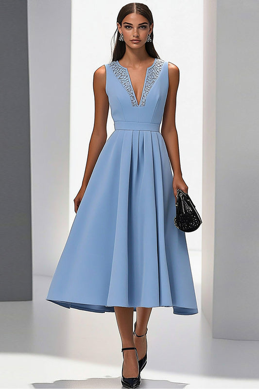 Grey Blue A Line Sleeveless V-Neck Midi Work Dress