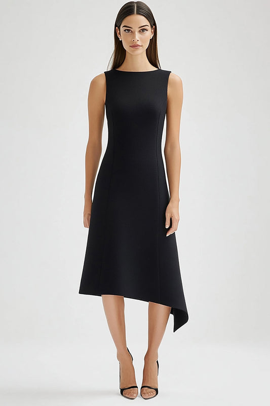 Black Bateau Neck A Line Asymmetrical Satin Midi Work Dress