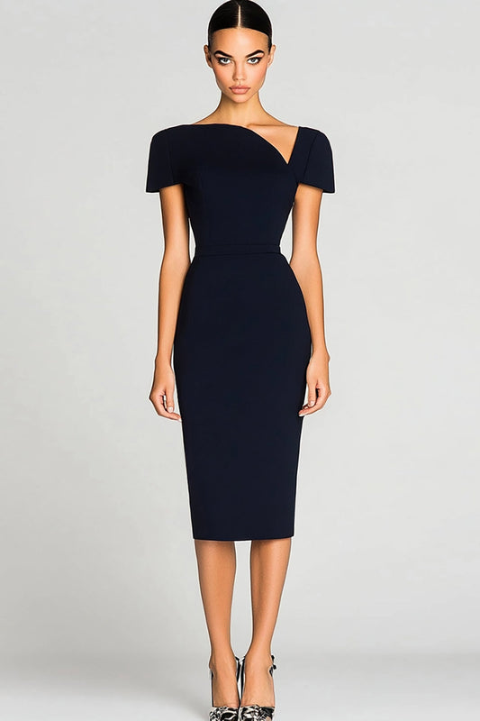 Black Bodycon Asymmetrical Neck Midi Work Dress with Sleeves