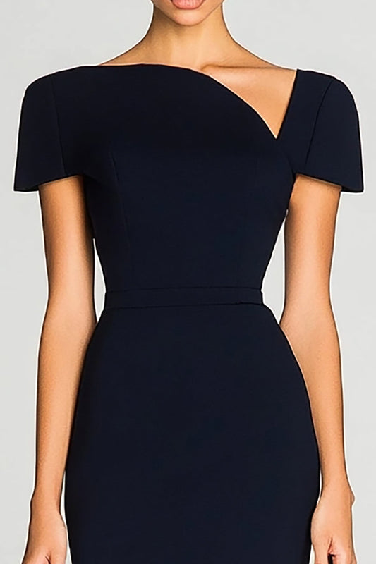 Black Bodycon Asymmetrical Neck Midi Work Dress with Sleeves