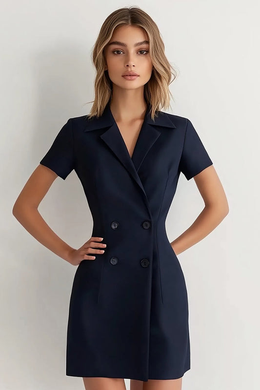 Navy Peak Lapel Double Breasted Short Work Blazer Dress with Sleeves