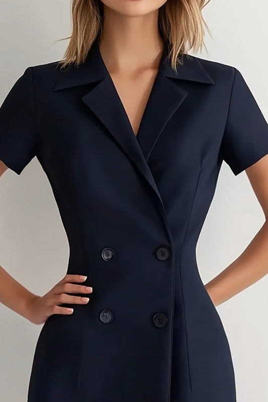 Navy Peak Lapel Double Breasted Short Work Blazer Dress with Sleeves