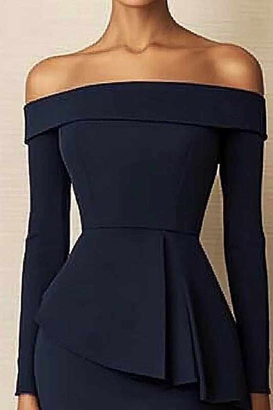 Off the Shoulder Navy Bodycon Short Work Dress with Long Sleeves