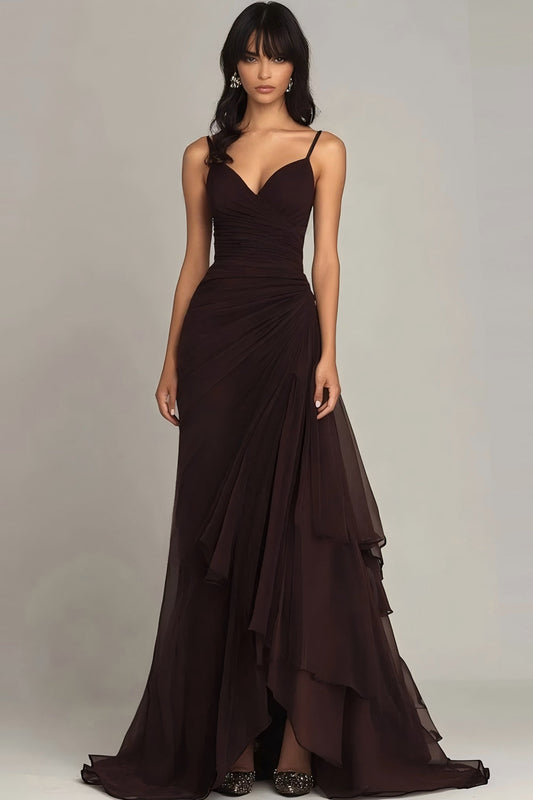 Dark Brown Spaghetti Straps Chiffon Long Formal Dress with Ruffles