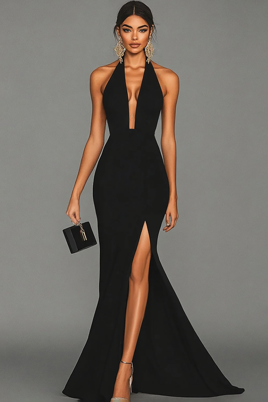 Zapaka Black Mermaid Satin Halter Neck Long Formal Wedding Guest Dress with Slit V-Neck Black Tie Dress