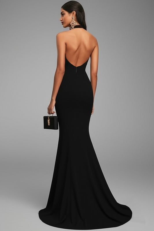 Black Mermaid Halter Neck Long Satin Formal Dress with Slit