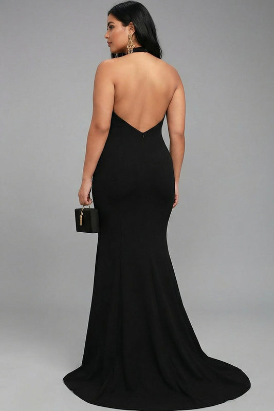 Plus Size Black Mermaid Halter Neck Long Satin Formal Dress with Slit