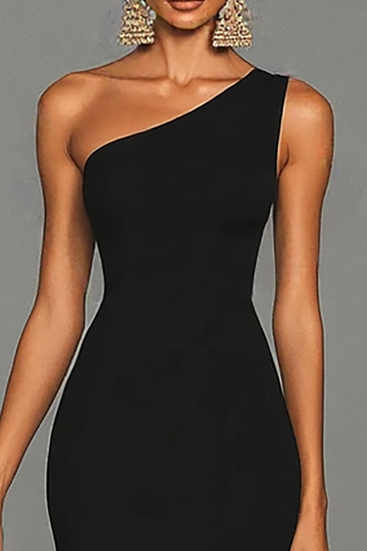 Black Mermaid Satin One Shoulder Long Formal Dress with Slit