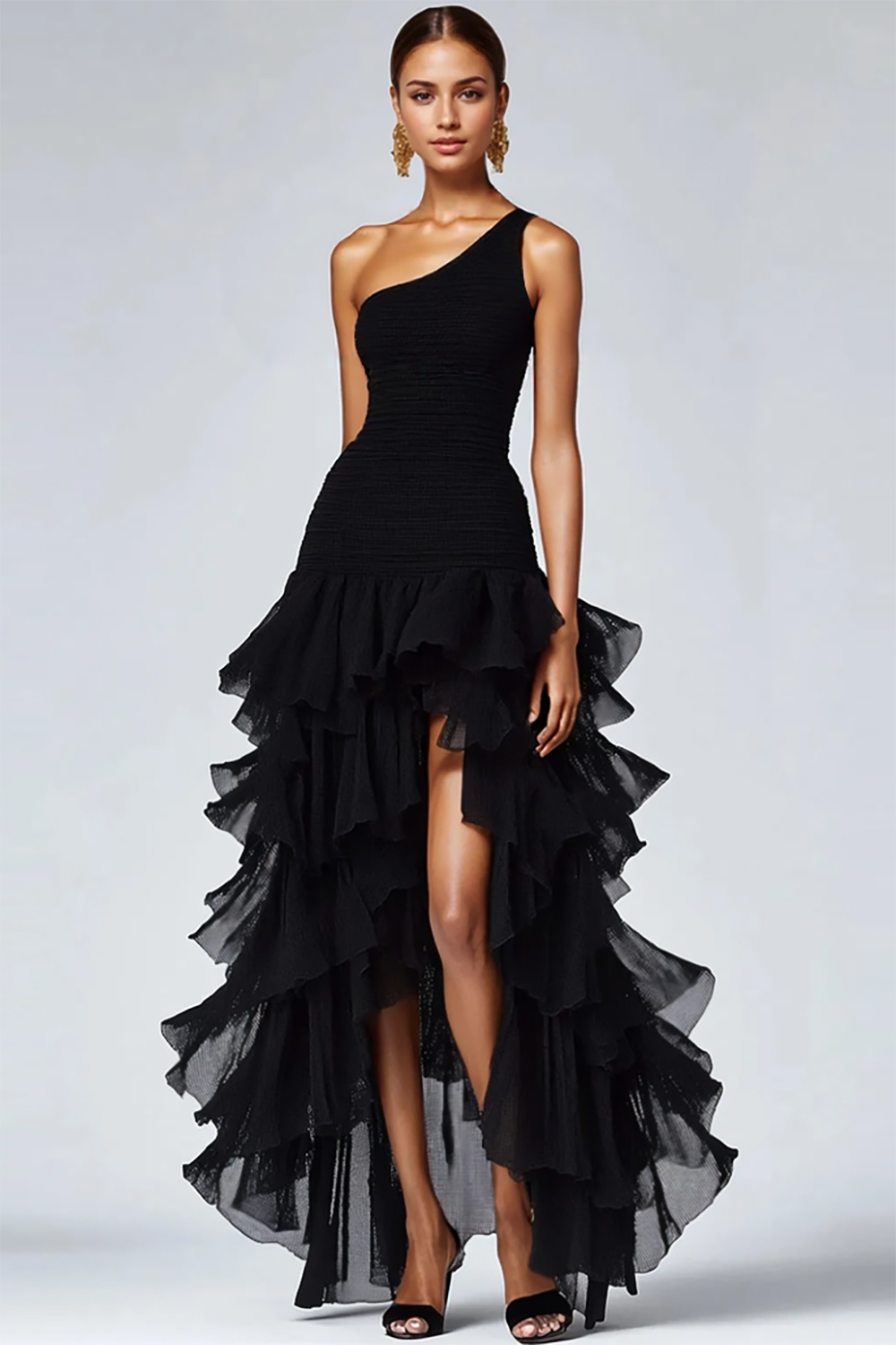 black one shoulder high low dress One Shoulder Black Evening Gown with Floral Detail 48450